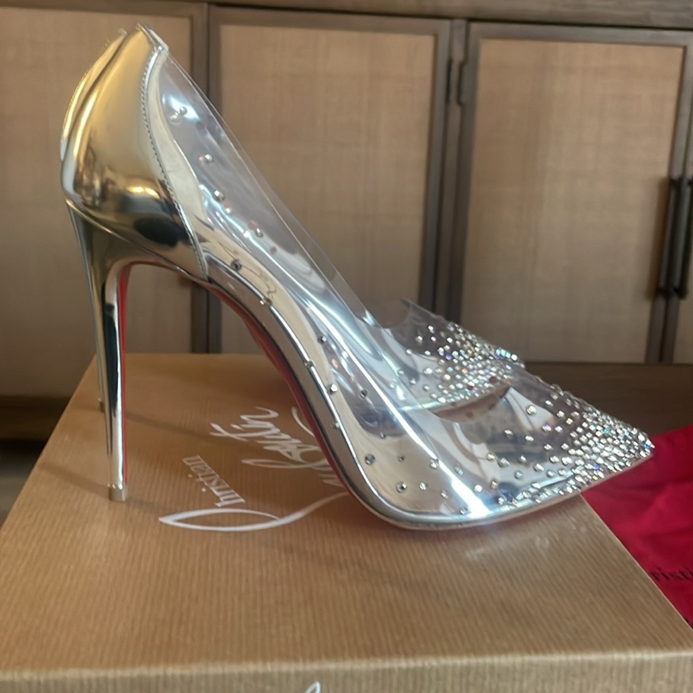 Christian Louboutin silver metallic PVC Degrastrass rhinestone stiletto pump 100